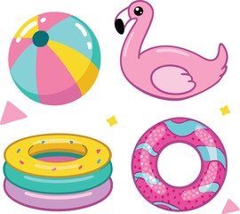 Pink flamingo beach ball and inflatable rings vector