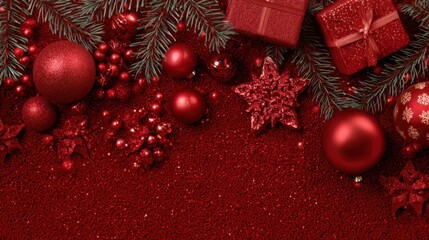 Bright red ornaments, sparkling stars, and neatly wrapped gifts are arranged among fresh pine branches, creating a cheerful holiday atmosphere perfect for celebrations.