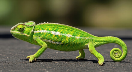 Vivid green chameleon with curled tail on dark surface.
