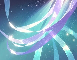 Abstract swirling ribbons in pastel colors against a starry night sky