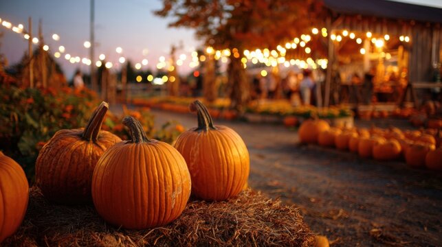 Orange pumpkins rest on hay bales in a lively patch. Twinkling lights adorn the area as visitors enjoy the festive atmosphere during the autumn evening.