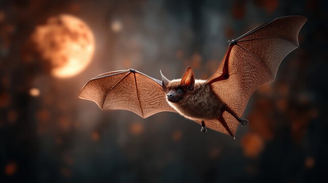 Fliegende Kreatur im Mondlicht &uuml;ber einem geheimnisvollen Waldgebiet des n&auml;chtlichen Lebens