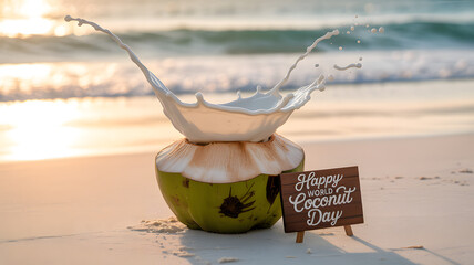 Refreshing Coconut Splash at the Beach for World Coconut Day