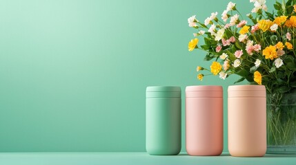 Three pastel insulated tumblers (mint, coral, cream) sit on a mint tabletop beside a bright bouquet of yellow and pink flowers against a matching mint wall.