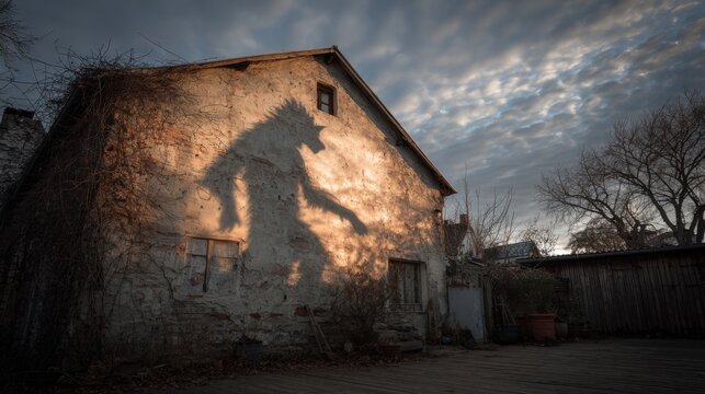Die mysteri&ouml;se Schattenfigur tanzt an der Wand eines alten Hauses im sanften Licht der D&auml;mmerung