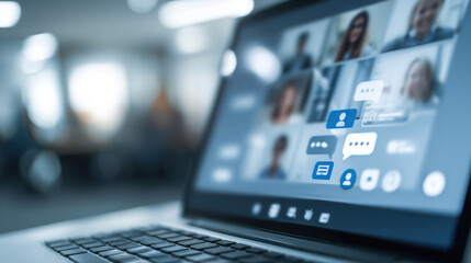 Laptop screen displaying video call interface with chat icons, blurred background