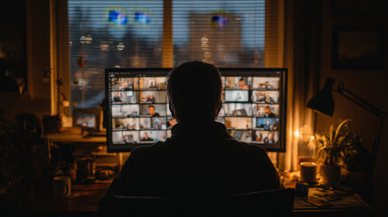 Obraz premium Silhouette of remote worker in cozy home office, focused on video conference. Warm lighting creates relaxed atmosphere