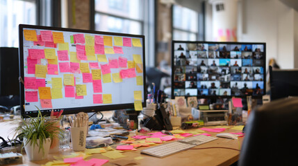 Cluttered desk with sticky notes on monitor and second screen showing video call