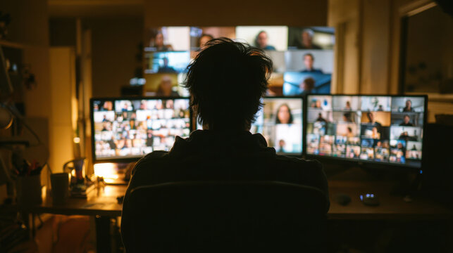 Silhouette of remote worker in cozy home office with multiple screens displaying video calls