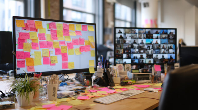 Cluttered desk with sticky notes on monitor and second screen showing video call