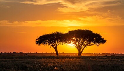 Two silhouetted trees at sunset over a golden savanna