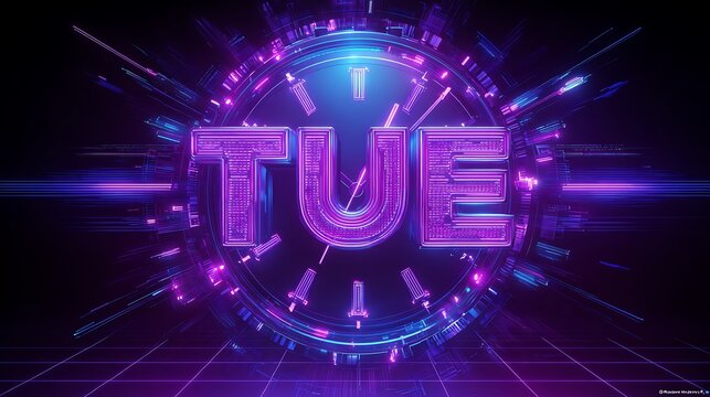 Futuristic Tuesday poster with glowing TUE typography, holographic digital clock, cyberpunk purple background