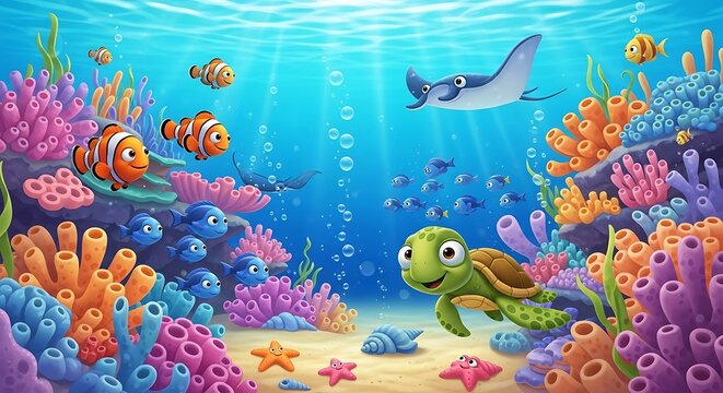 Vibrant Coral Reef with Turtle and Clownfish.