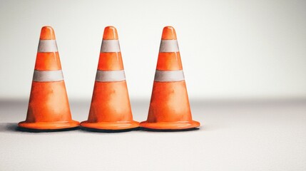 Three orange traffic cones with white reflective stripes standing on a light surface against a neutral background.