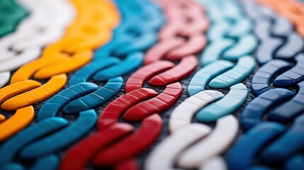 Close-up of colorful interlocking chain links in red, blue, yellow and teal showing glossy texture and repeating pattern.