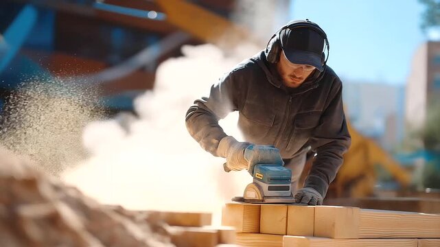 A worker sands a wooden railing at a site with sanders buzzing dust swirling a stack of railings nearby and a radio playing shown in a gritty photo with sawdust piles wood