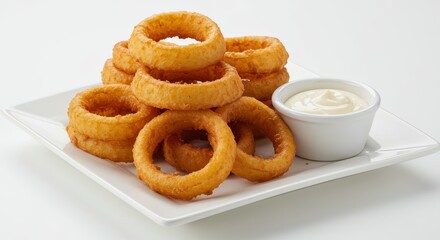 Golden onion rings, piled high on a white plate, accompanied by a small bowl of creamy dipping sauce.