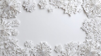 Intricately crafted paper snowflakes are arranged neatly around a blank center on a light background, ideal for winter events and festive gatherings. The delicate designs add elegance to any space.