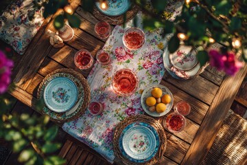 Elegant Outdoor Tea Party with Floral Accents and Wooden Table.