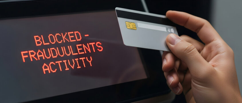 Man's hand holding a credit card above a terminal displaying "blocked - fraudulent activity". Financial fraud and payment scam concept.