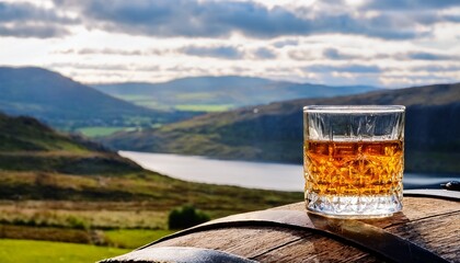 Dram Of Whisky On Barrel With Scenic Scottish Landscape Background