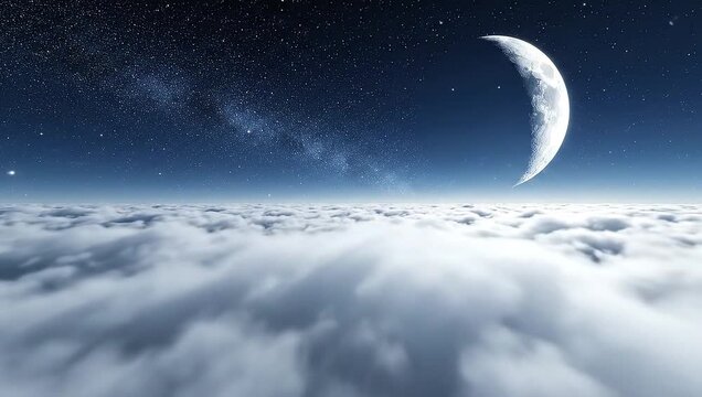 First-person view (FPV) soaring like a bird over a dense, fluffy cloudscape at midnight. A large, detailed crescent moon illuminates the scene, with thousands of twinkling stars and a faint nebula in 