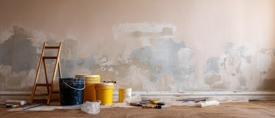 Residential Room Renovation with Peeling Paint and Tools
