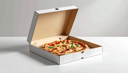 Fresh Pepperoni Pizza Inside an Open White Cardboard Box Still Life
