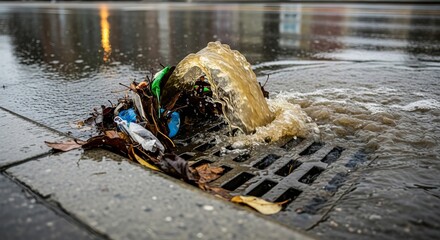Rain-soaked street scene with water and debris flowing into a storm drain.