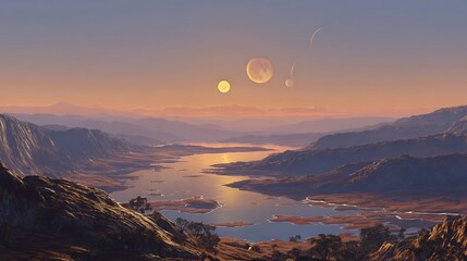 A vision of interstellar colonization, a futuristic settlement awakens by a river under a celestial sky