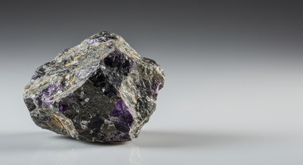 Naklejka premium A sizable, rough-hewn stone displays a striking interplay of dark gray and purple mineral formations.