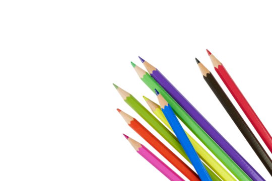 colorful pens in corner top view isolated on white or transparent png