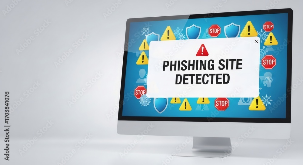 Poster computer monitor showing a phishing site detected warning. digital pop-up message for cybersecurity 