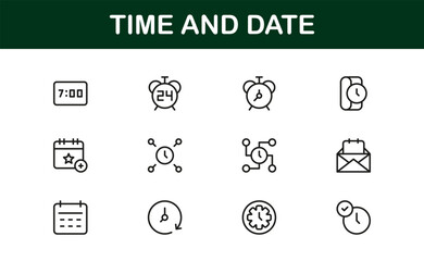 For events, tasks, and reminders, flat time and date icons are used.  With clean and modern looks, it's great for apps, productivity software, and business projects.