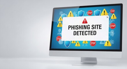 Computer monitor showing a phishing site detected warning. Digital pop-up message for cybersecurity alert and online fraud prevention for internet browsing.