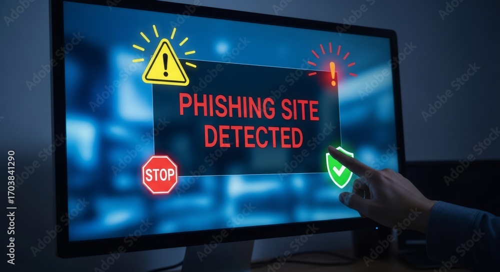 Poster man's hand selecting security shield button on monitor displaying phishing site detected. concept of
