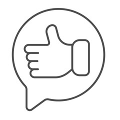 Popup with thumb up hand thin line icon, psychiatry concept. Vector graphics. Like symbol in speech dialog, positive review sign on white background, outline style icon for mobile or web design.