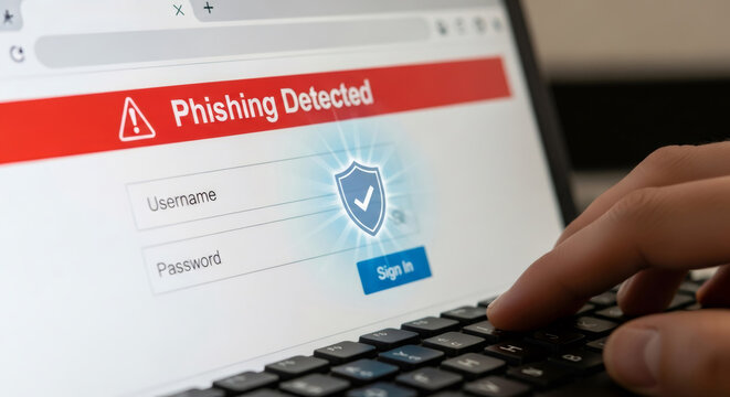 Man using laptop with a “Phishing Detected” warning on screen. Cybersecurity threat concept for online safety and fraud prevention.