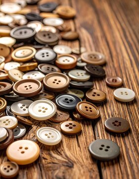 Assorted buttons on a wooden surface