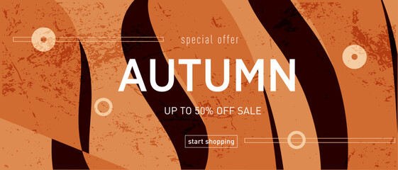 Autumn. Trendy Abstract Gradient Design in Retro Style from the 80s-90s. Modern Geometric Background Patterns for Advertising, Web, Social Media, Posters, Banners, Covers. Sale Offer 50%. Vector