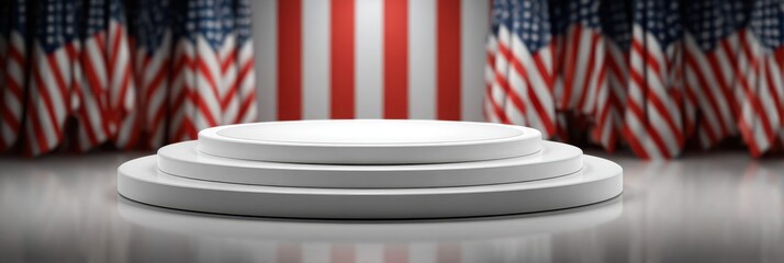 Event stage designed for political speeches with American flags as backdrop in a formal setting