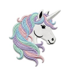 A colorful embroidered unicorn head with a pastel mane and white background in a whimsical style.
