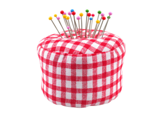 Vibrant Multicolored Sewing Pins in a Classic Red and White Gingham Pincushion isolated on a transparent background