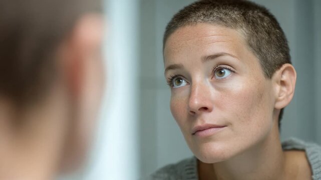 Resilient Reflection: Capturing a moment of introspection and strength, a woman with a shaved head gazes intently in the mirror, her expression hinting at resilience and introspection.