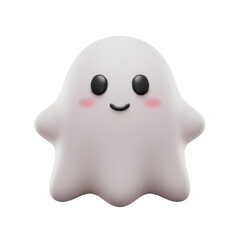 Cute Smiling White Ghost Cartoon Character with Black Eyes on Transparent Background