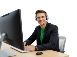 Cheerful male customer support representative assisting clients, isolated on a pure backdrop