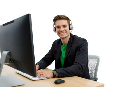 Cheerful male customer support representative assisting clients, isolated on a pure backdrop