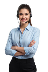 Smiling customer support representative providing assistance with a transparent setting