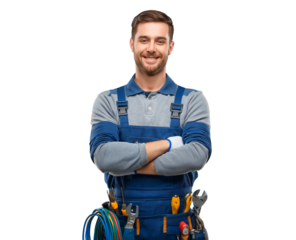 Smiling Technician Ready for Service with a Fully Equipped Tool Belt isolated on a transparent background