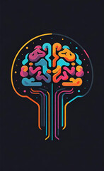 Vector illustration of a colorful stylized human brain on a black background. Abstract multicolor brain design ideal for psychology, mental health, innovation, creativity, neuroscience, or educational
